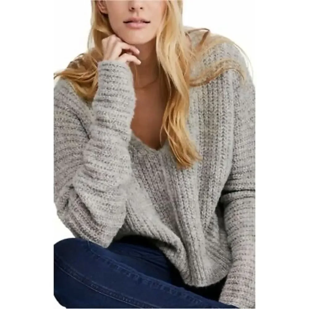 Free People Women's Moonbeam V‎ Alpaca Blend Knit Oversize Sweater Gray Size S